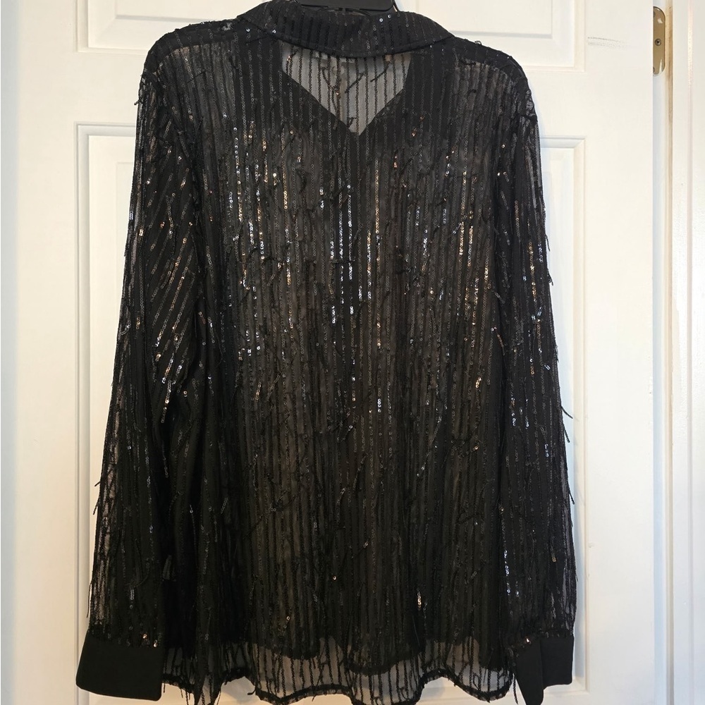 Ultra Pink Black Sheer Sequined Collared Button Up Size 2X Plus LS NWT Dressy - Picture 6 of 8
